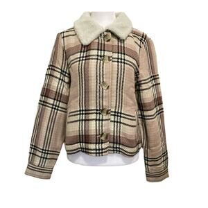 NWT Susina Pink Plaid Faux Shearling Trim Jacket size S NEW Buttons Knit Pockets